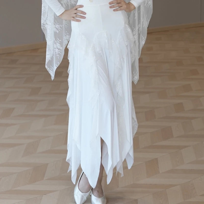 Women's White Off-Shoulder Long Sleeve Lace Ballroom Dance Dress with Asymmetrical Skirt