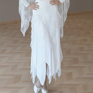 Women's White Off-Shoulder Long Sleeve Lace Ballroom Dance Dress with Asymmetrical Skirt