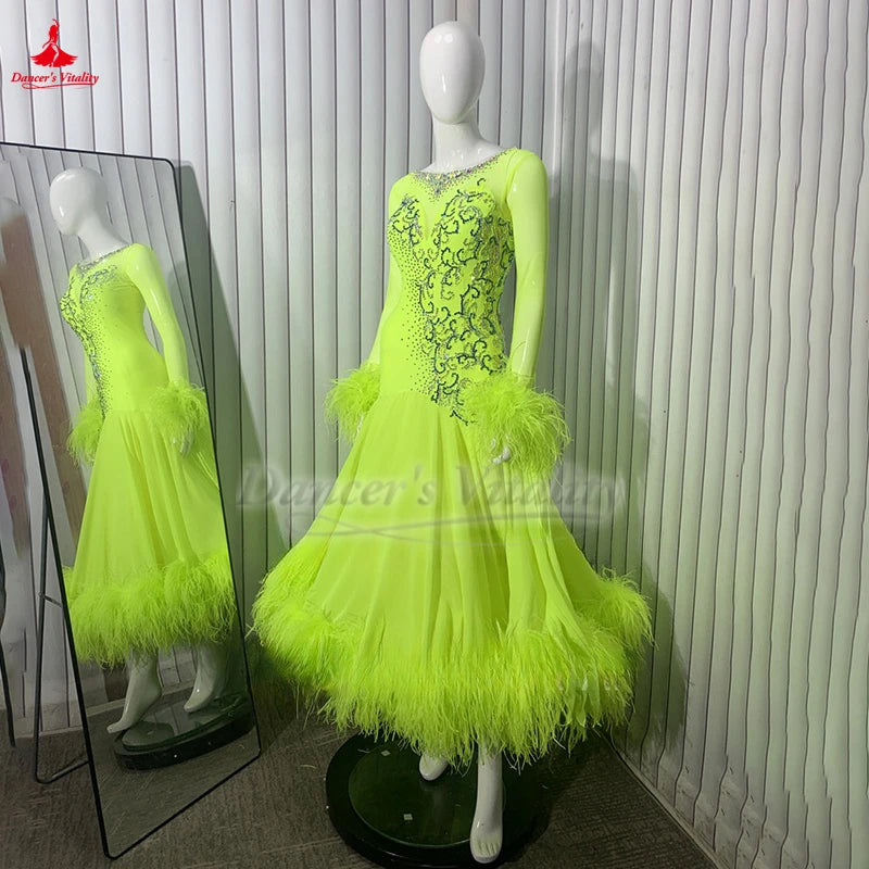 Ballroom Dance Dress Women's Neon Green Feathered Embellished Long Sleeve Standard Smooth Dress