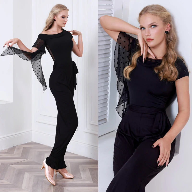 Women's Black Polka Dot Mesh Sleeve Off-Shoulder Jumpsuit Ballroom Dancewear