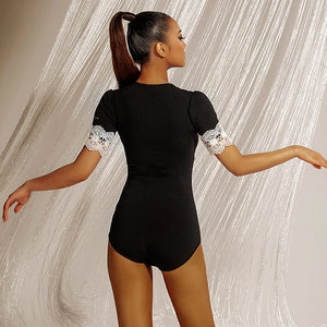 Women's Black and White Lace Leotard with Puff Sleeves, Latin Dance