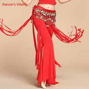 Belly Dance Pants Women's Yellow Sequin Hip Scarf Bell Bottom Slit Leg Pants for Oriental Dance Performance