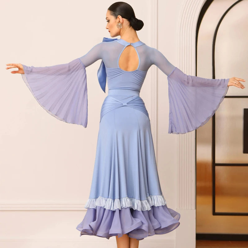 Women's Blue Mesh Bell Sleeve Ballroom Dance Dress with Satin Bow & Ruffled Hem