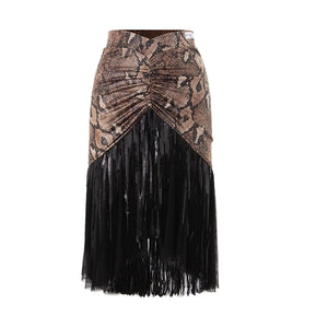 Women's Brown Snake Print Choker Neck Long Sleeve Top and Black Fringe Skirt Latin Dance Set