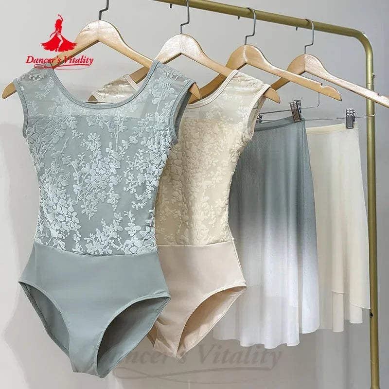 Ballet Leotard Women's White, Beige, Pink, & Sage Green Floral Lace Sleeveless with Scoop Neck for Ballet & Dance