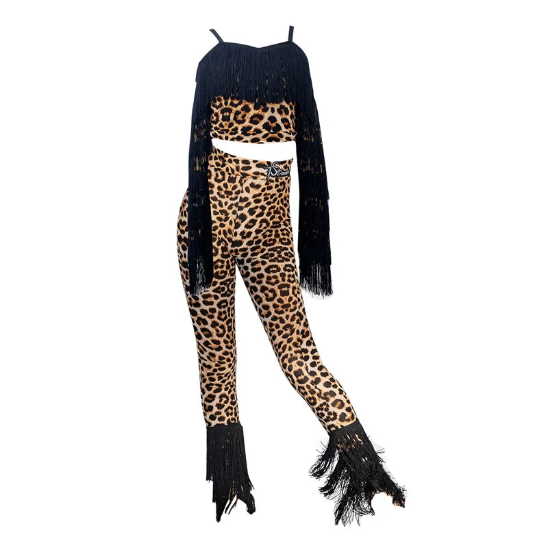 Kids Girls Black Fringe Latin Dance Crop Top and Pants, Leopard Print Fringe Latin Dance Crop Top and Pants