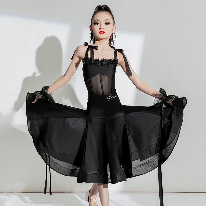 Girls' White & Black Spaghetti Strap Floral Embellished Satin Ballroom Dance Dress