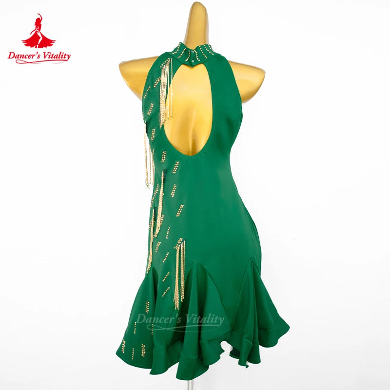 Women's Green Halter Sequin Fringe Latin Dance Dress