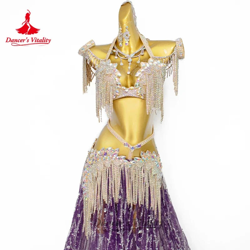 Women's Belly Dance Bra and Long Skirt Set With Sequin Tassels and AB Rhinestones For Competition