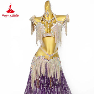 Women's Belly Dance Bra and Long Skirt Set With Sequin Tassels and AB Rhinestones For Competition
