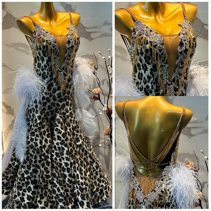 Women's Leopard Print Ballroom Dance Dress with White Feathers, Rhinestones, and Gold Beading