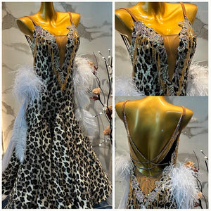 Women's Leopard Print Ballroom Dance Dress with White Feathers, Rhinestones, and Gold Beading