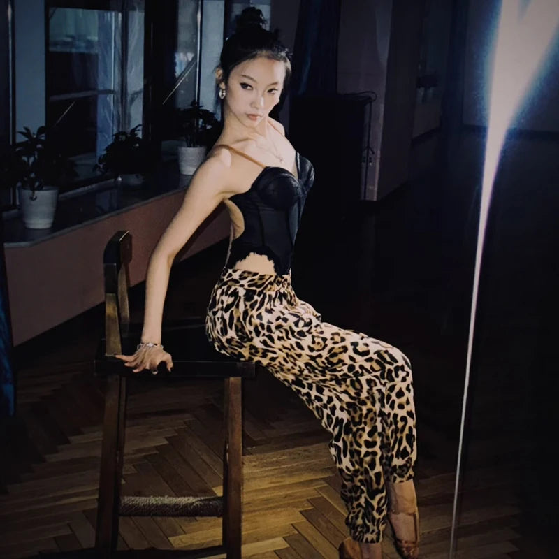 Women's Black Sweetheart Bodysuit with Leopard Print Jogger Pants, Ballroom Dance Outfit