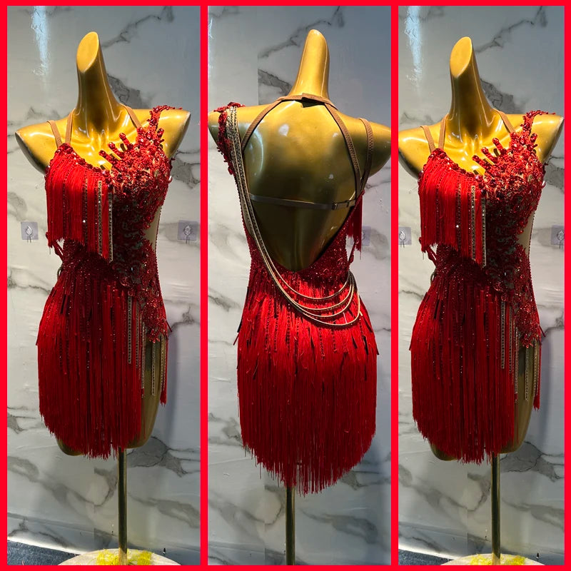 Women's Red Sequin Fringe Latin Dance Dress with Open Back, Beaded Appliqué, and Adjustable Straps