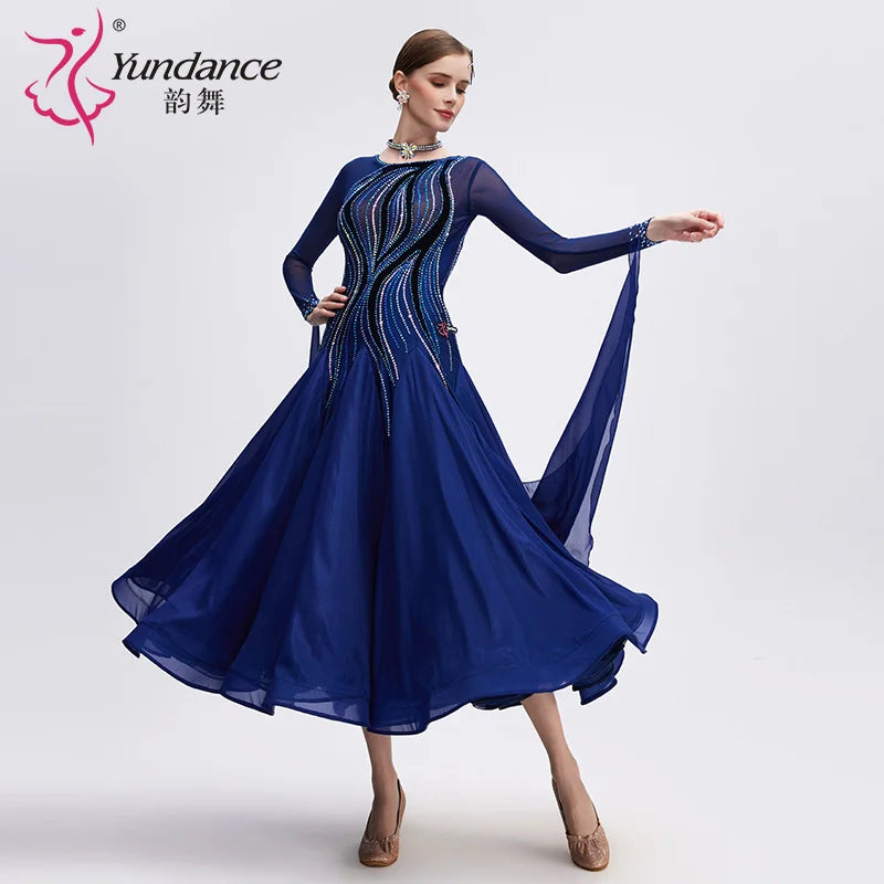 Women's International Standard Ballroom Dance Dress Long Chiffon Navy For Competition