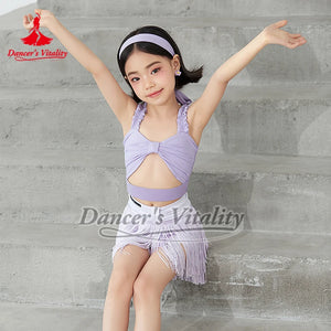 Girls' Light Green Cut-Out Ruffled Crop Top & Fringe Skirt Latin Dance Costume