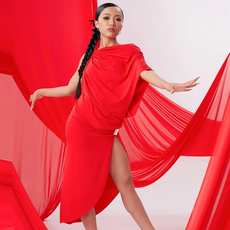 Women's Red & Black Drape Asymmetrical Slit Latin Dance Dress with Buckle Detail