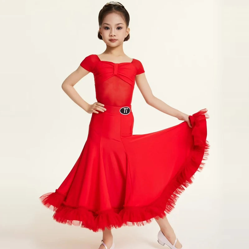 Girls Red Mesh & Ruffle Latin Ballroom Dance Dress with Square Neckline