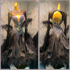 Ballroom Dance Dress Women's Black Rhinestone Feather Open Back Standard Smooth Gown