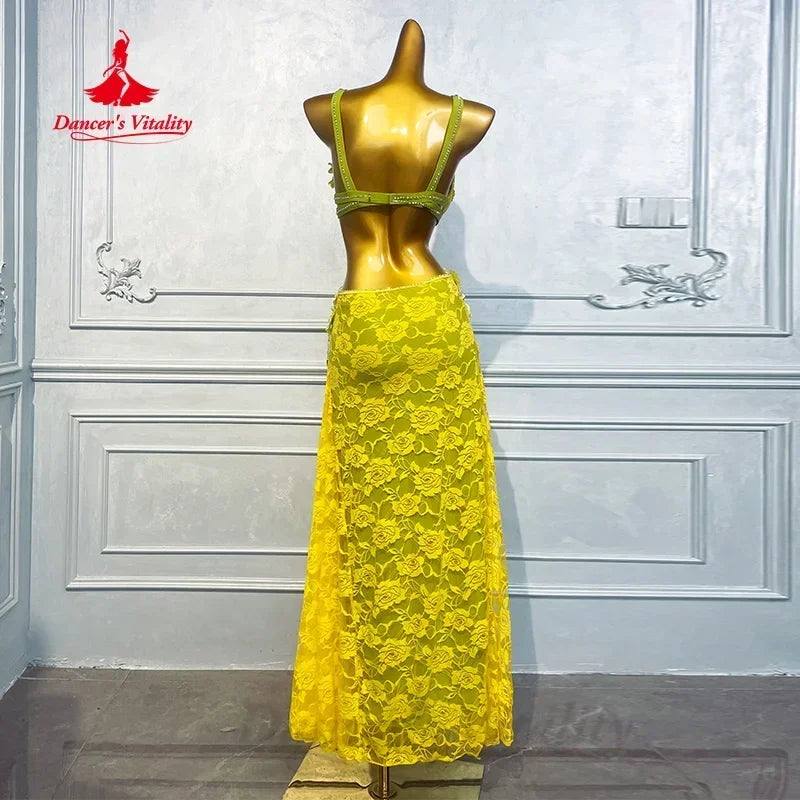 Latin Dance Dress Women's Neon Green Lace Beaded Fringe Backless Slit Salsa Rumba Tango Performance Gown