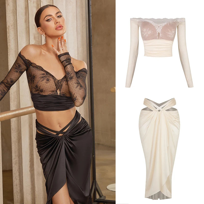 Women's Black Lace Off-Shoulder Crop Top & Satin Cutout Ruched Skirt Latin Dance Dress