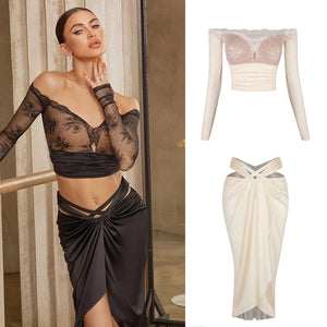 Women's Black Lace Off-Shoulder Crop Top & Satin Cutout Ruched Skirt Latin Dance Dress