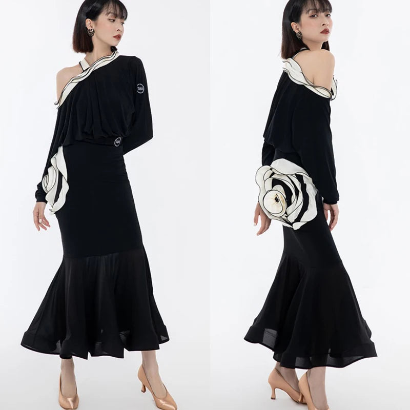 Women's Black & White Off-Shoulder Ruffle Rose Ballroom Dance Dress
