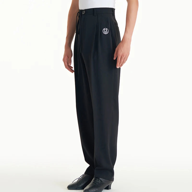 Dance Pants Men's Black Drawstring Pleated Logo Detail Loose Fit Ballroom Latin