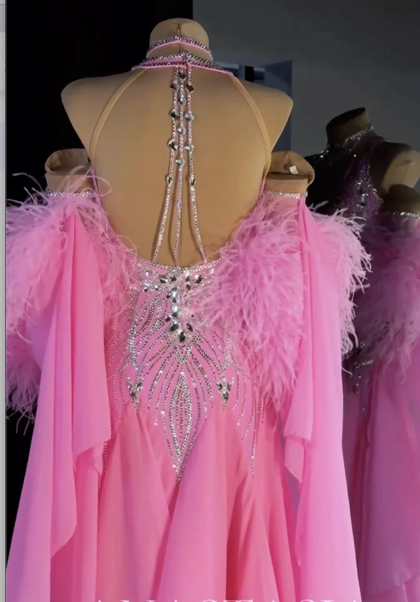 Ballroom Dance Dress Women's Pink Rhinestone Feather Halter Neck Chiffon Gown