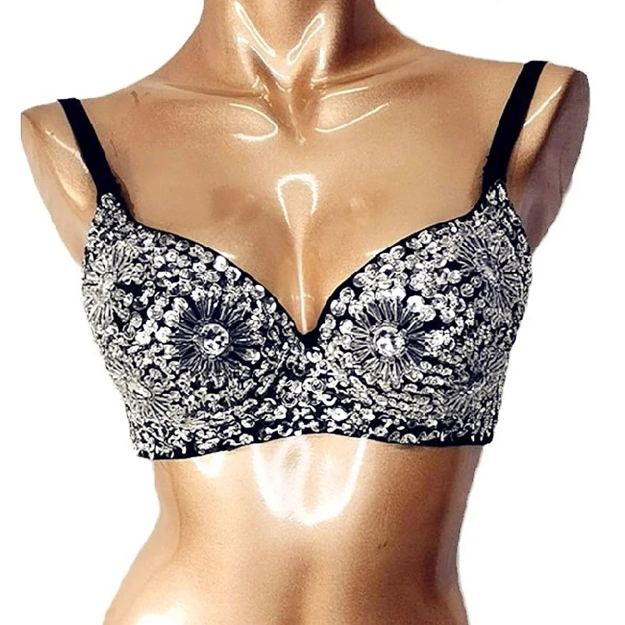 Sequin Embellished Dance Bra Top Gold Black Latin Ballroom Salsa Belly Dance Costume Women's