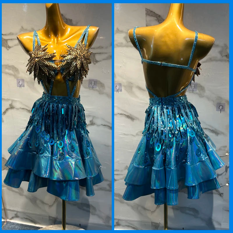 Latin Dance Dress Women's Blue Shimmer Fringe & Sequin Halter Neck Salsa Rumba Cha-Cha Costume