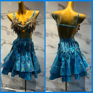 Latin Dance Dress Women's Blue Shimmer Fringe & Sequin Halter Neck Salsa Rumba Cha-Cha Costume