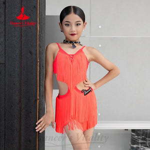 Girls Latin Dance Dress, Neon Green Fringe Cutout Rumba Samba Cha Cha Costume