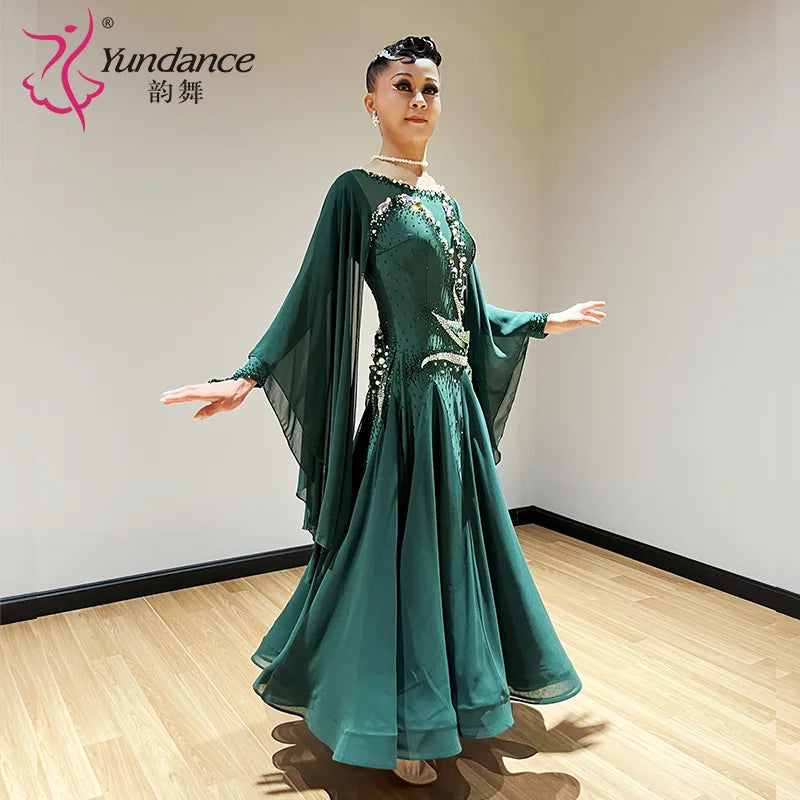 Women's Standard Ballroom Dance Dress With Chiffon Fabric In Green For Performance