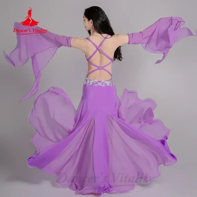 Women's Belly Dance Costume Set With AB Rhinestone Bra, Sleeves, Chiffon Long Skirt For Performance