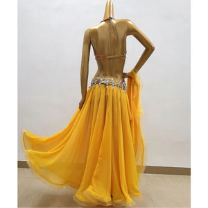 Belly Dance Costume Women's Yellow Sequin & Bead Embellished Chiffon Bra Top and Slit Skirt Set