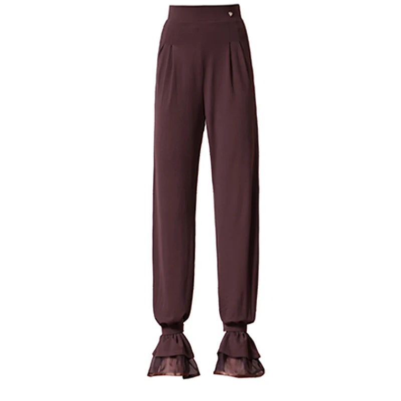 Women's Black and Brown Sheer Sleeve Ruffled Jumpsuit with Velvet Buttons for Latin Dance