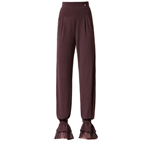 Women's Black and Brown Sheer Sleeve Ruffled Jumpsuit with Velvet Buttons for Latin Dance