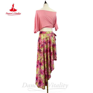 Women's Pink Off-Shoulder Crop Top and Floral Asymmetrical Skirt Set, Lightweight Dance Practice Outfit