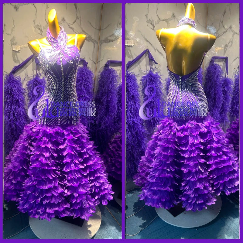 Women's Purple Beaded Rhinestone Feather Latin Dance Dress
