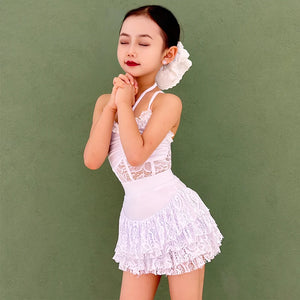 Girls' White Halter Lace Ruffled Latin Dance Dress