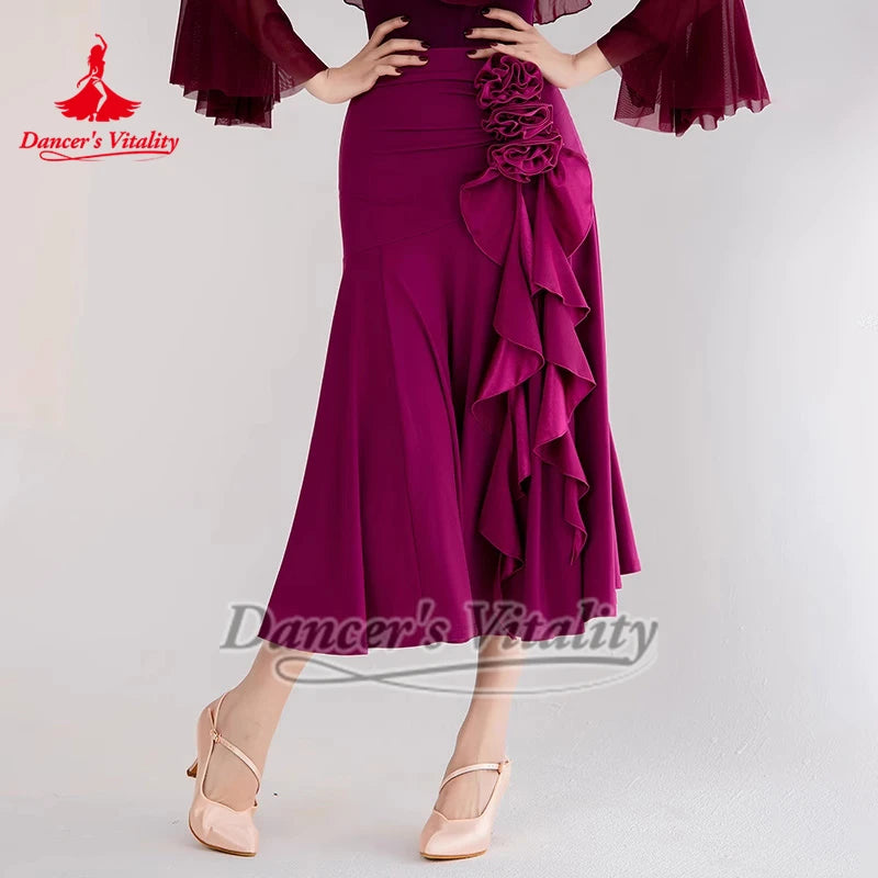 Women's Magenta Ruffled Mermaid Skirt for Latin Ballroom Dance