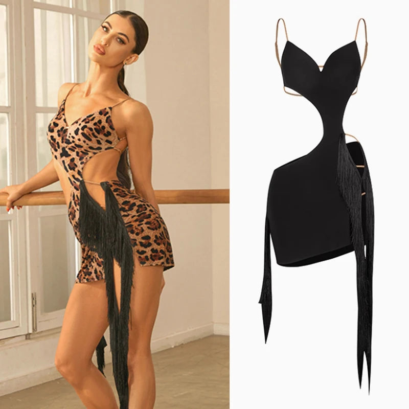 Women's Leopard Print Black Fringe Cutout Latin Dance Dress