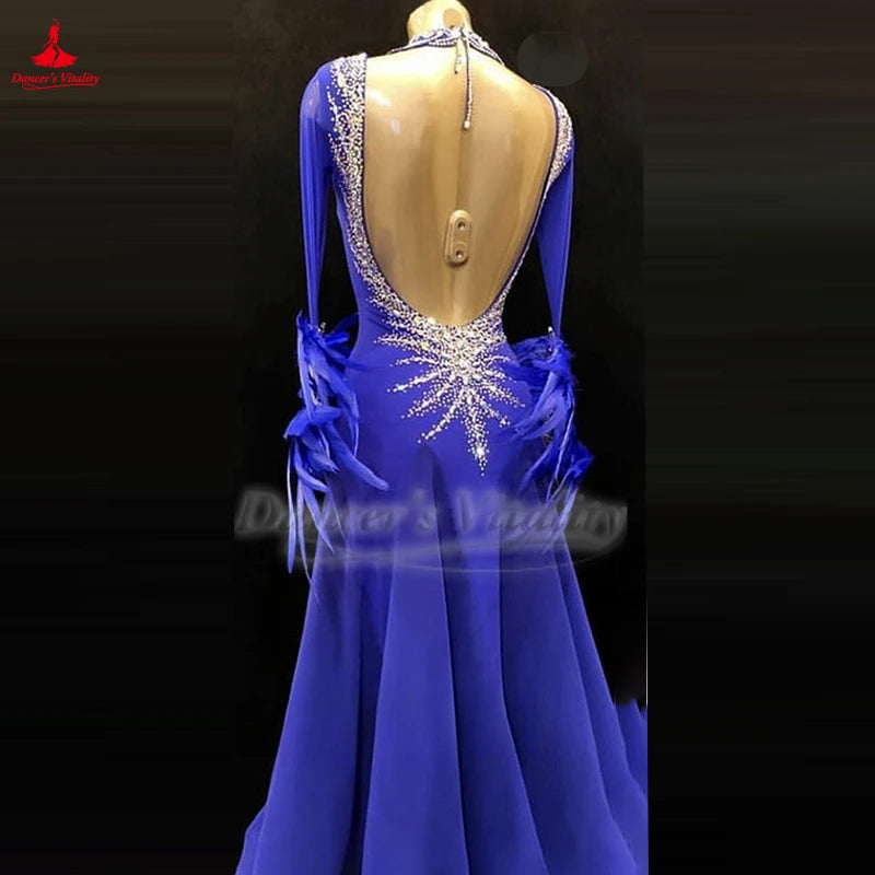 Adult Women AB Stones Long Sleeves Ballroom Dance Backless Dresses Customize Waltz Foxtrot Tango Quickstep Professional Outfit