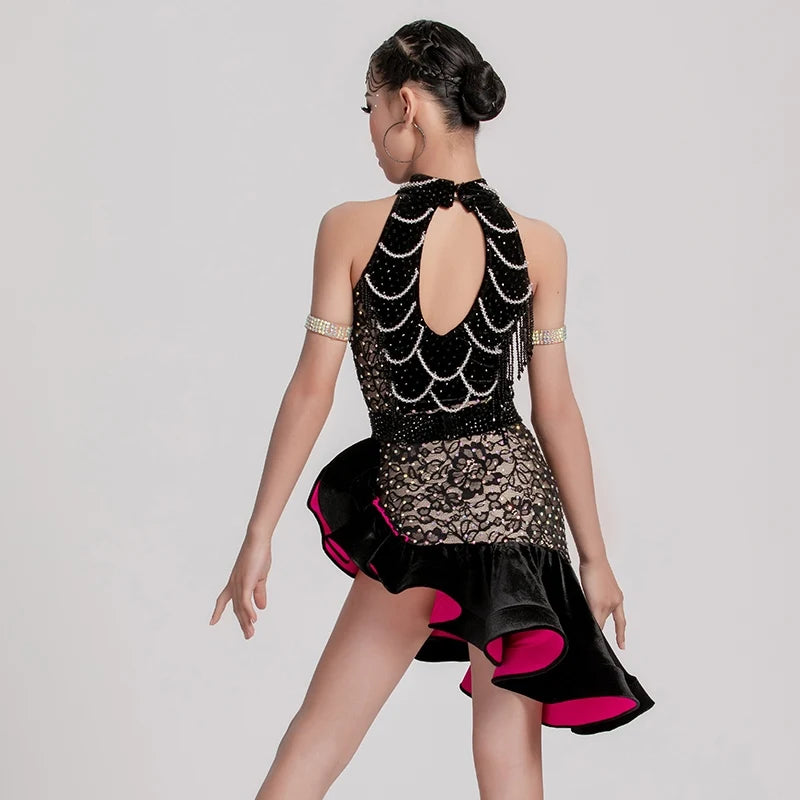 Dance Dress Girls Black and Beige Lace Beaded Halterneck Ruffled Latin Ballroom