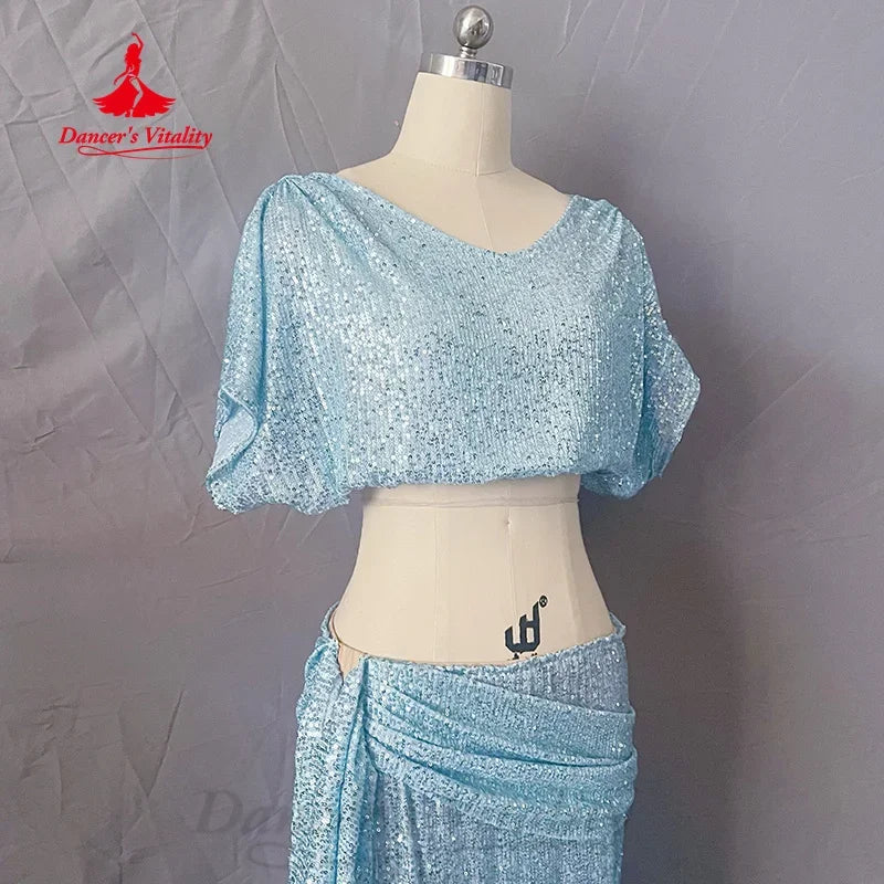 Women's Light Blue Sequin Two-Piece Crop Top and Skirt Set with Draped Detail for Belly Dance
