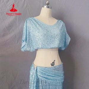 Women's Light Blue Sequin Two-Piece Crop Top and Skirt Set with Draped Detail for Belly Dance