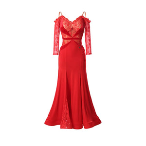 Women's Red Lace Off-Shoulder Ballroom Dance Dress with Three-Quarter Sleeves, Long Skirt
