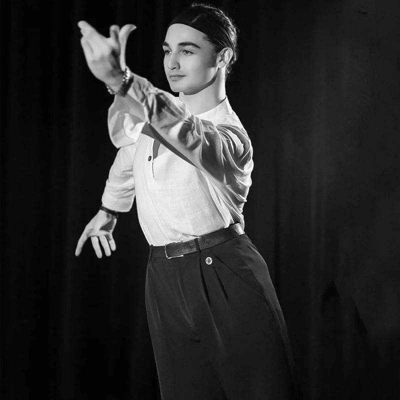 Men's Black Pleated Dance Trousers - Polyester Blend, High-Waisted, Straight Leg for Latin Ballroom