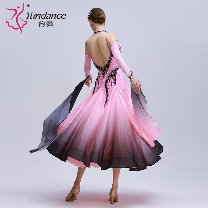 Women's Custom Standard Ballroom Dance Dress With Ombre Silk And Pearl Embellishments For Competition
